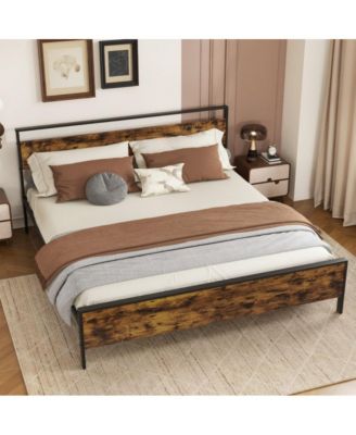 Metal Bed Frame Industrial Platform Bed with Wooden Headboard