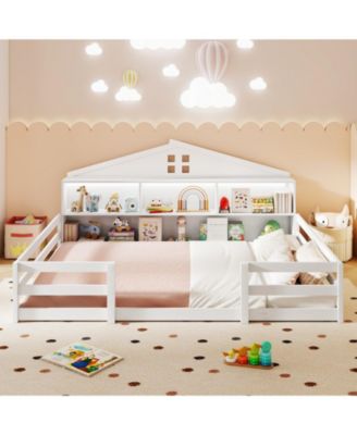 Montessori Floor Bed with Storage Compartments and Shelf