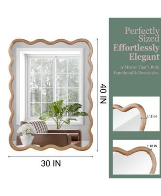 30" x 40" Natural Wood Wavy Rectangle Decorative Mirror, Solid Wood Frame for Bathroom Wall