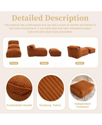 Corduroy Bean Bag Chair with Ottoman, Large Beanbag with Side Pockets & Memory Foam for Living Room Lounge