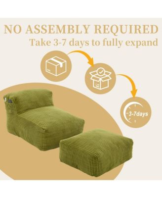 Corduroy Bean Bag Chair with Ottoman - Big Beanbag Chair with Side Pockets and Memory Foam Filler, Floor Lounge Bed for Living Room