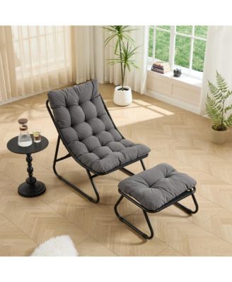 Outdoor Lounge Chair - Sling Recliner Chair with Puffy Cushion and Foot Stool for Living Room, Reading Room