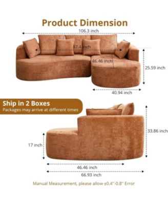 106" Curved Sectional Sofa with Chaise, Boneless Couch with Pillows, Memory Foam, No Assembly