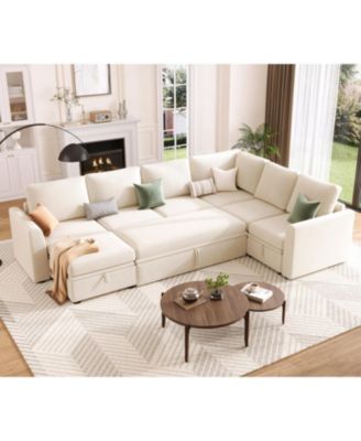 Sectional Sleeper Sofa with Pull-Out Bed, U-Shaped Chenille Modular Couch with Storage and Ottomans