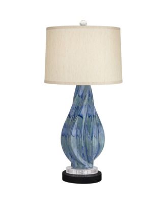 Teresa Modern Table Lamp with Round Marble Riser Tall Teal Ceramic Drum Shade for Bedroom Living Room Nightstand
