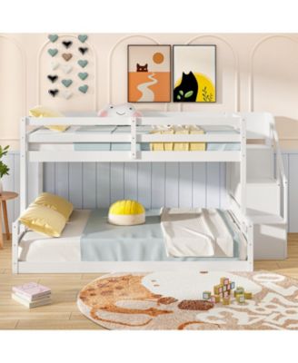 Solid Wood Twin Over Full Low Bunk Bed with Storage Stairs