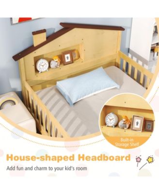 Kids Montessori Bed with House-Shaped Headboard and Built-in Storage Shelf