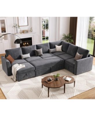 Sectional Sleeper Sofa with Pull-Out Bed, U-Shaped Chenille Modular Couch with Storage and Ottomans