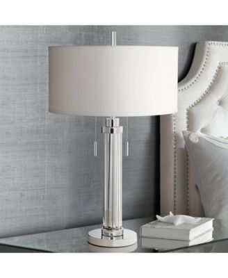 Modern Table Lamp Tall with USB Dimmer Linear Clear Glass Rod ] Linen Drum Shade for Bedroom Living Room House Bedside