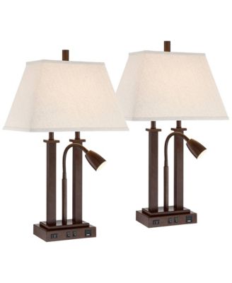 Deacon High Industrial Desk Lamps Set of 2 USB Port AC Power Outlet Gooseneck Bronze Finish Metal Charging
