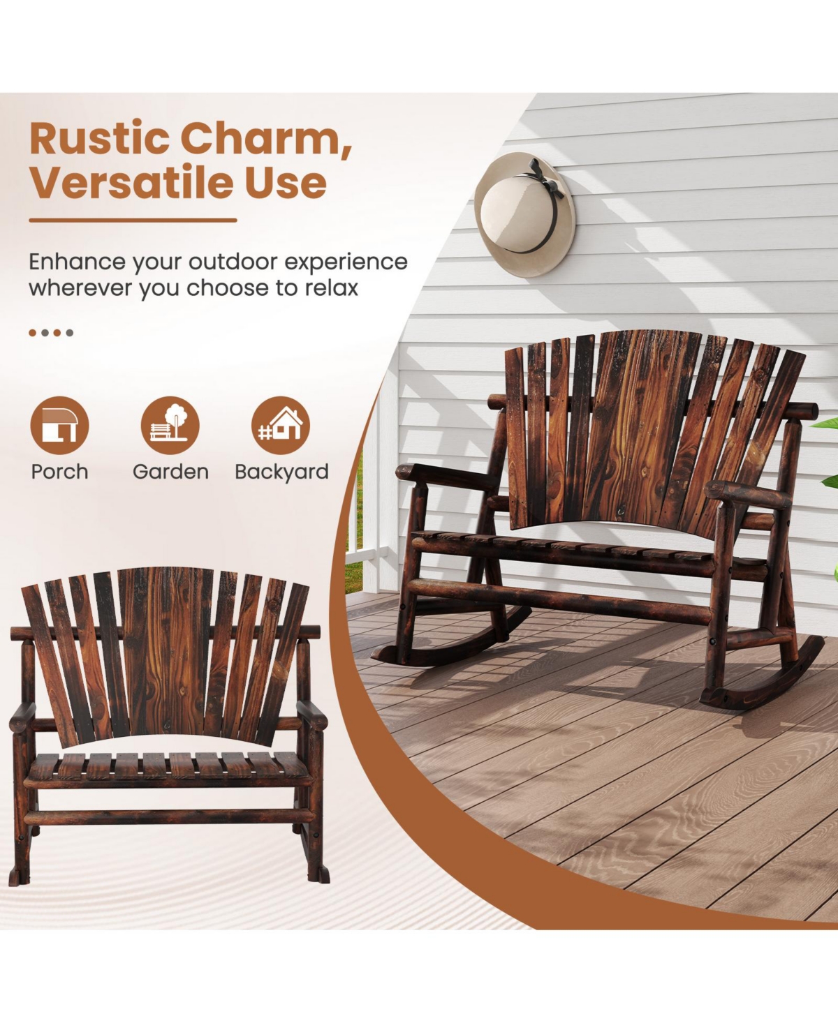 Sugift Outdoor Adirondack Rocking Chair for Adults with High Back and Slatted Seat