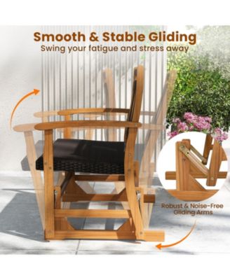 Patio Rattan Glider Bench for 2 with Acacia Wood Frame and Wicker Seat Back
