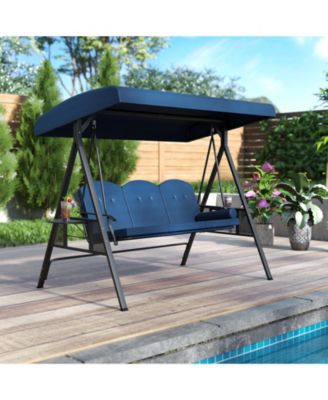 3-Seat Patio Swing Chair Porch Swing with Adjustable Canopy Thickened Cushions Pillow and Foldable Side Trays