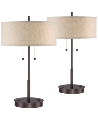 Modern Accent Table Lamps 23.5" High Set of 2 with Hotel Style USB and AC Power Outlet in Base Fabric Drum Shade for Living Room