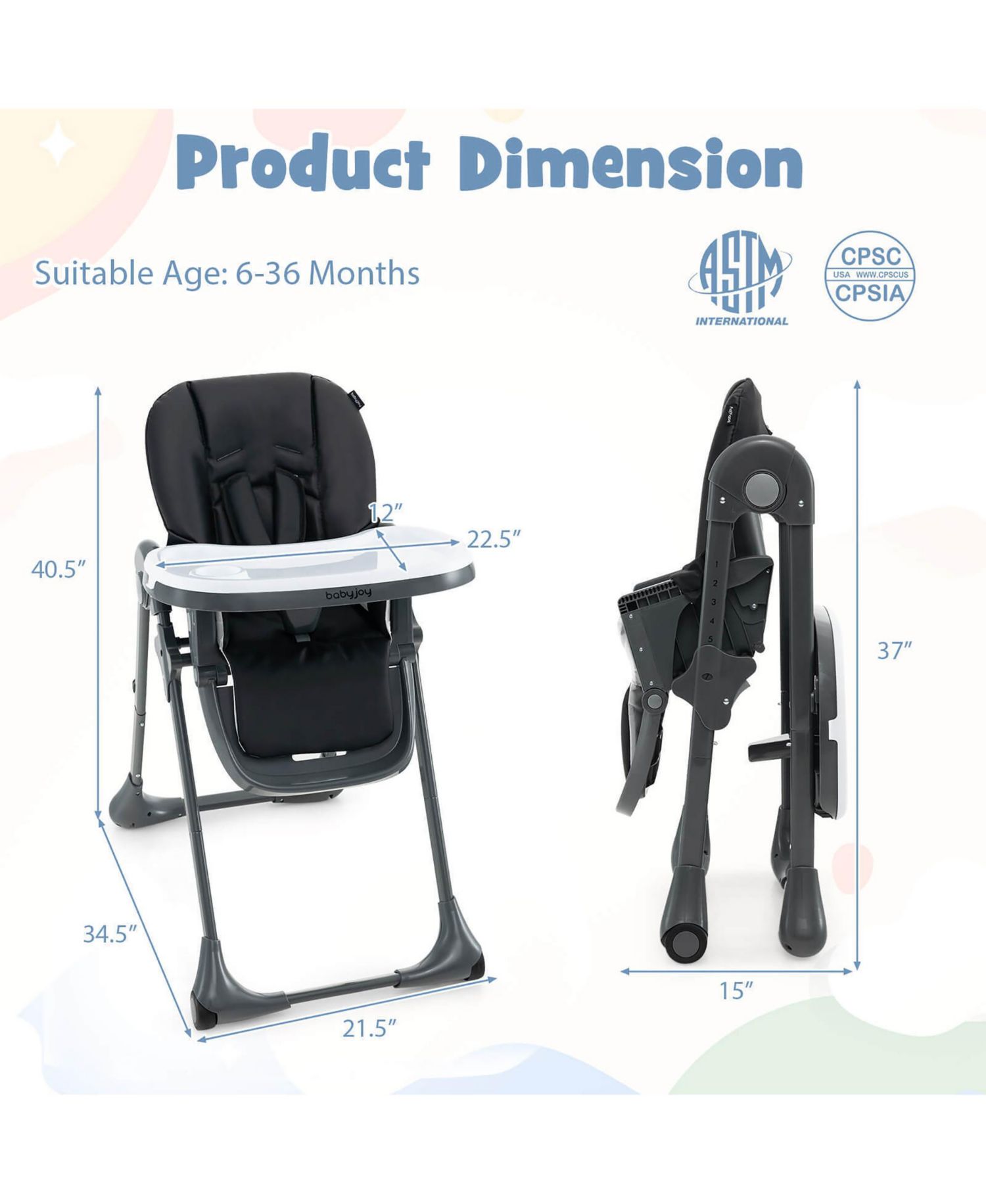Baby High Chair w/ 7 Height and 3 Footrest Adjustable Cup holder 2 Wheels