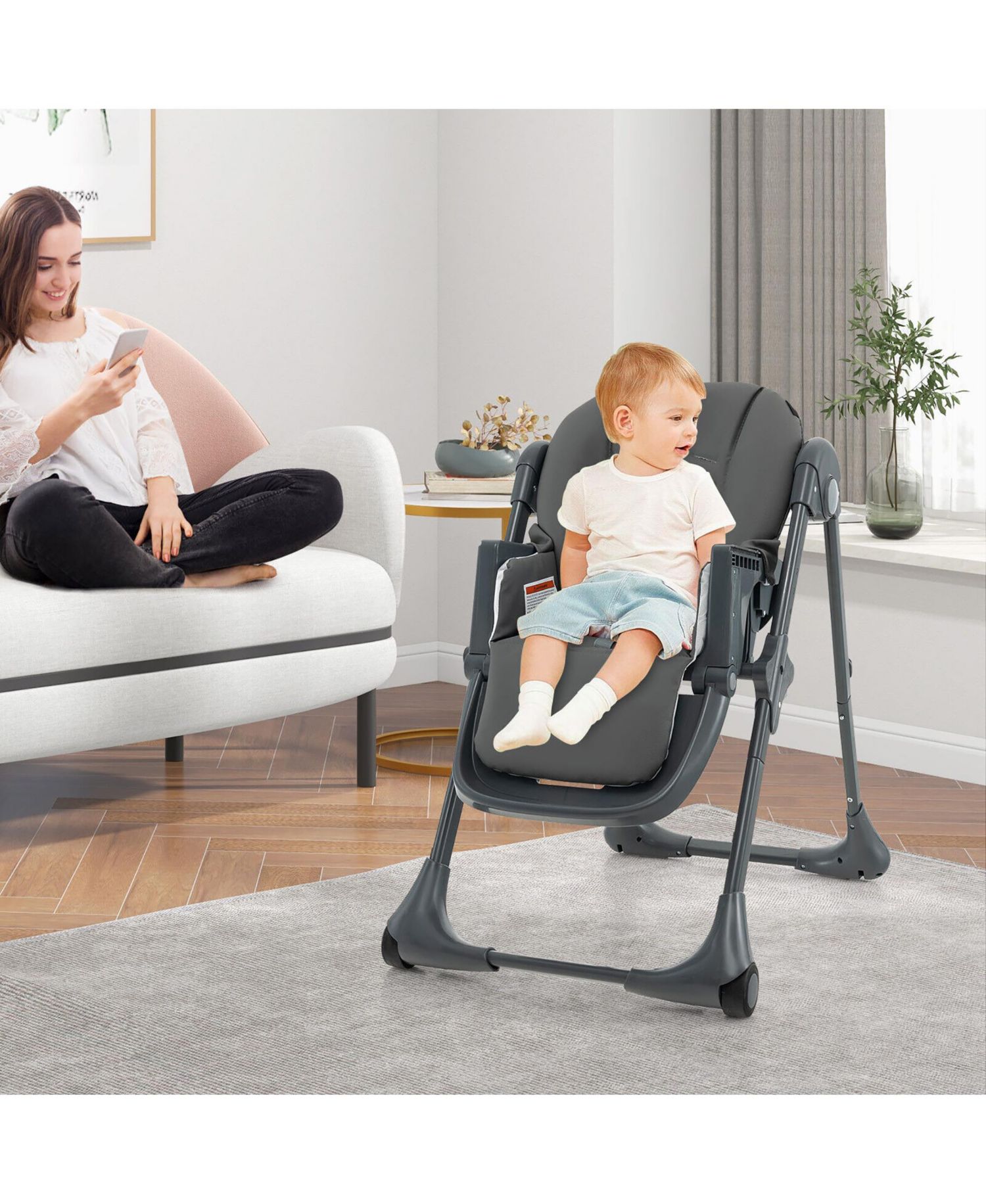 Toddler High Chair w/ 7 Height and 3 Footrest Adjustable Cup holder 2 Wheels