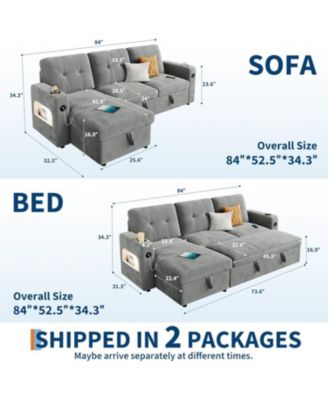 84" Sleeper Sofa Bed, L-Shaped Convertible Couch with Storage, Charging Station and LED Lights