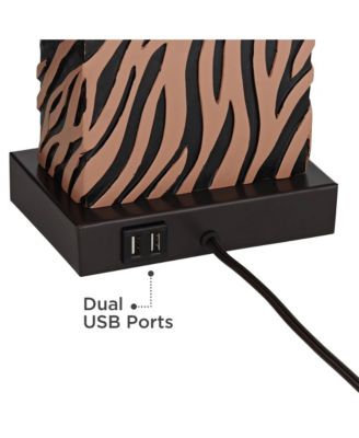 Modern Table Lamps Set of 2 with USB Charging Port 27" Tall Zebra Faux Wood Fabric Shade for Bedroom Bedside House