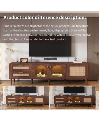LED TV Stand for TVs up to 80'', Rattan Media Console Table, Entertainment Center with 3 Cabinets and 2 Drawers for Living Room