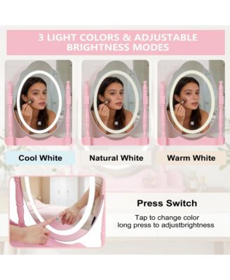 Princess Vanity Desk Set - Wooden Makeup Vanity Table with Mirror, Cushioned Stool and 4 Storage Drawers for Girls Bedroom