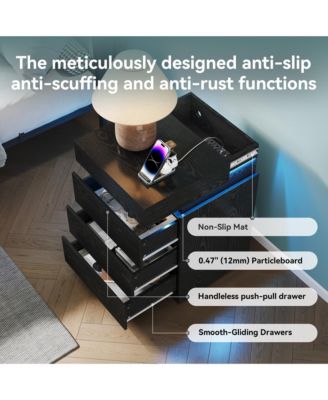 Nightstand with Built-In Charging Station and LED Lighting, Modern Wooden End Side Table with 3-Drawer and Sliding-Top for Bedroom