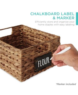 Set of 4 12in Woven Water Hyacinth Pantry Baskets w/ Chalkboard Label, Chalk Marker