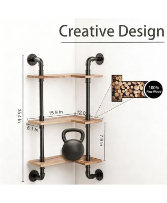 Industrial Pipe Shelving Pine Wood Floating Bathroom Shelves Wall Mounted L Shaped Corner Shelf