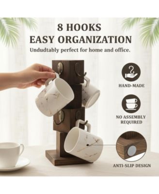 Rustic Solid Wood Coffee Mug Holder Tree 8 Hooks Farmhouse Cup Rack