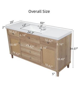 Bathroom Vanity with SMC Sink, Modern Storage Cabinet with Soft-Close Drawers and Rattan Doors, Silver Metal Knobs, 5 Pine Legs