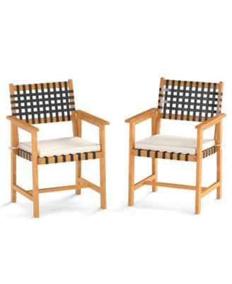 Set of 2 Woven Rope Acacia Wood Outdoor Dining Chairs with Cushions and Armrests