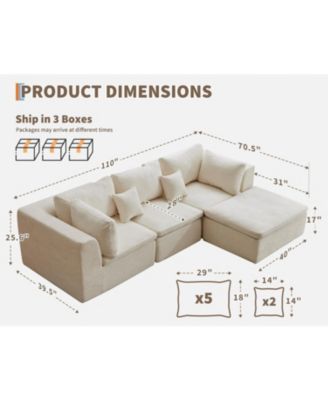110" Cloud Sectional Sofa, L-Shaped Boneless Couch with Ottoman, 3-Seat Modular Sofa