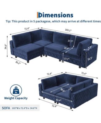 103" Modular Sectional Sofa, L-Shaped Velvet Cloud Couch, 4-Seat Upholstered Sofa
