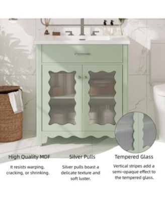 30" Bathroom Vanity with Tempered Glass, Modern Cabinet with Rubber Wood Legs and Soft-Close Doors
