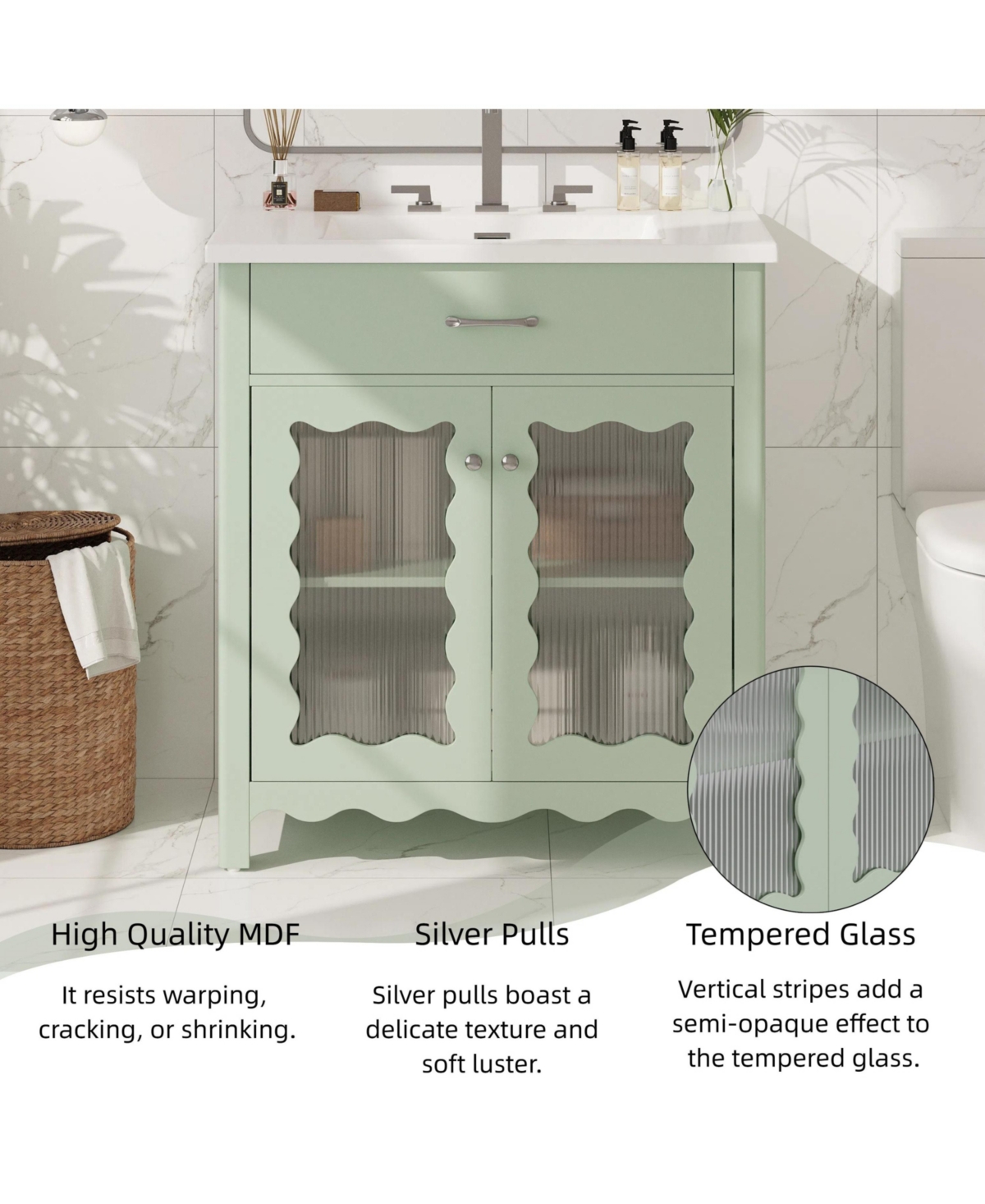 Busdays 30" Bathroom Vanity with Tempered Glass, Modern Cabinet with Rubber Wood Legs and Soft-Close Doors