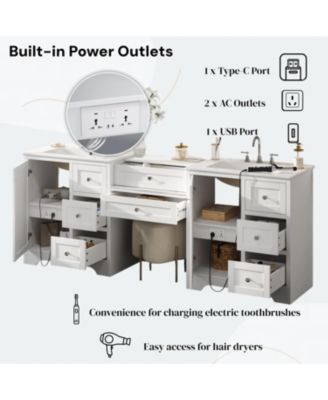 Double-Sink Bathroom Vanity, 2 Ceramic Sinks with Engineered Stone Countertop, Silver Knobs, 6 Soft-Close Drawers