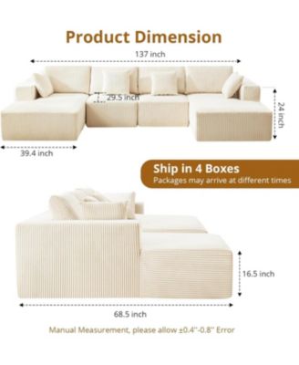 137" U-Shaped Cloud Sectional Sofa with Chaise, Corduroy Modular Couch, No Assembly