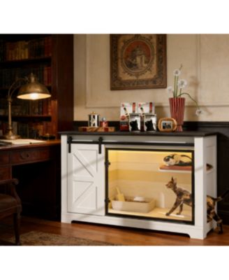  46 in. Farmhouse Cat Litter Box Enclosure with Sliding Barn Door Hidden Cat Cabinet with LED Light Storage