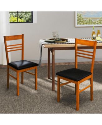 Set of 2 Slatted-Back Dining Chairs with PU Leather Cushion and Rubber Wood Frame