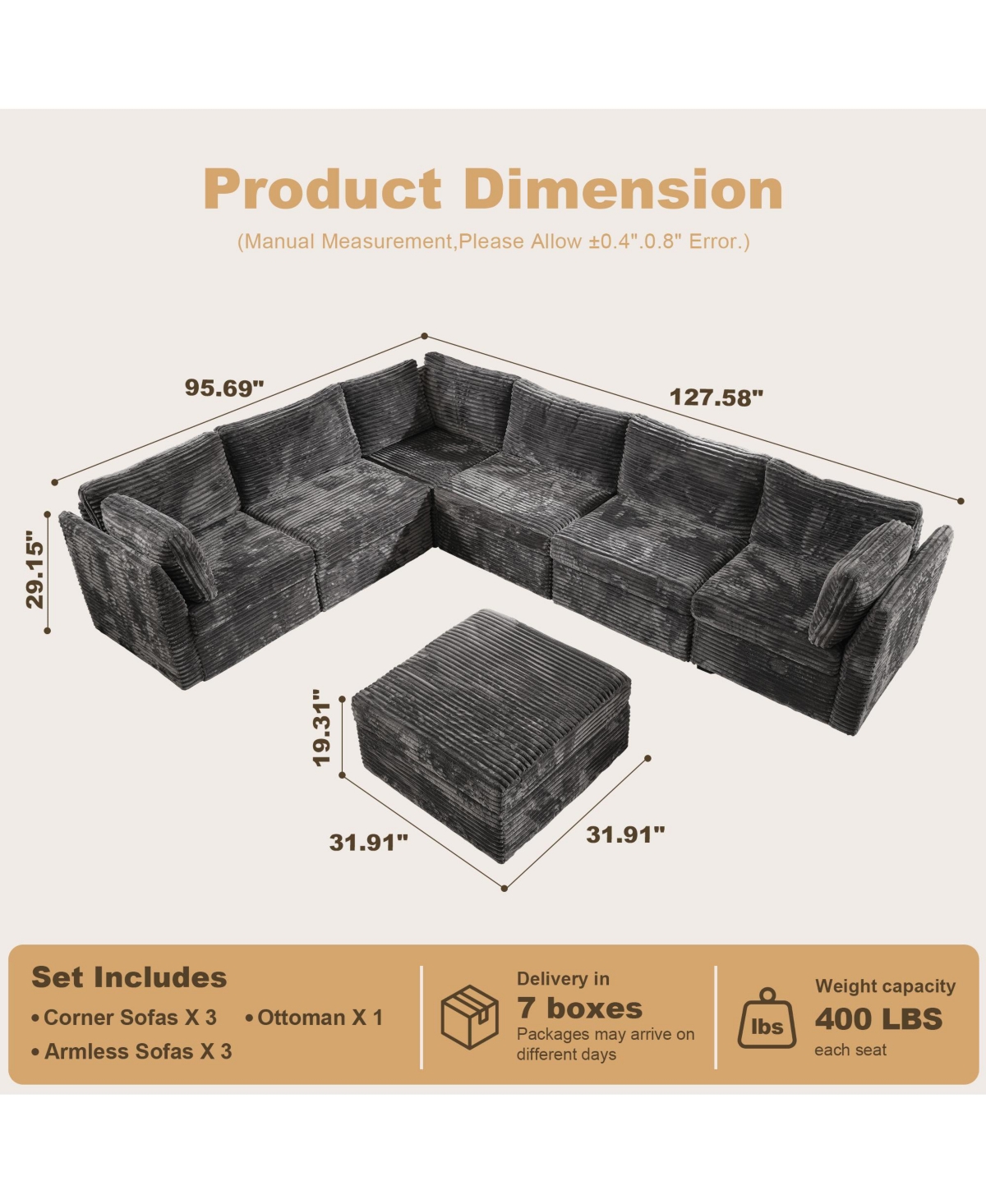 Xizzi -Piece Living Room Furniture Sectional Sofa, L-Shaped Deep Seat Cloud Couch with Chaise Ottoman