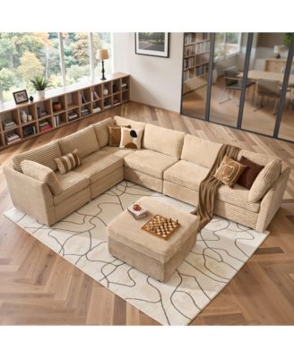 7-Piece Living Room Furniture Sectional Sofa, L-Shaped Deep Seat Cloud Couch with Chaise Ottoman, Comfy Corduroy Modular Couches for Home