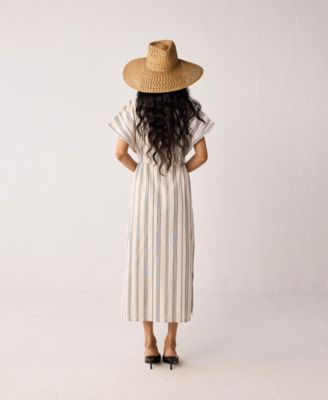 Women's Maxi Gathered Dress with Side Slits in Stripes