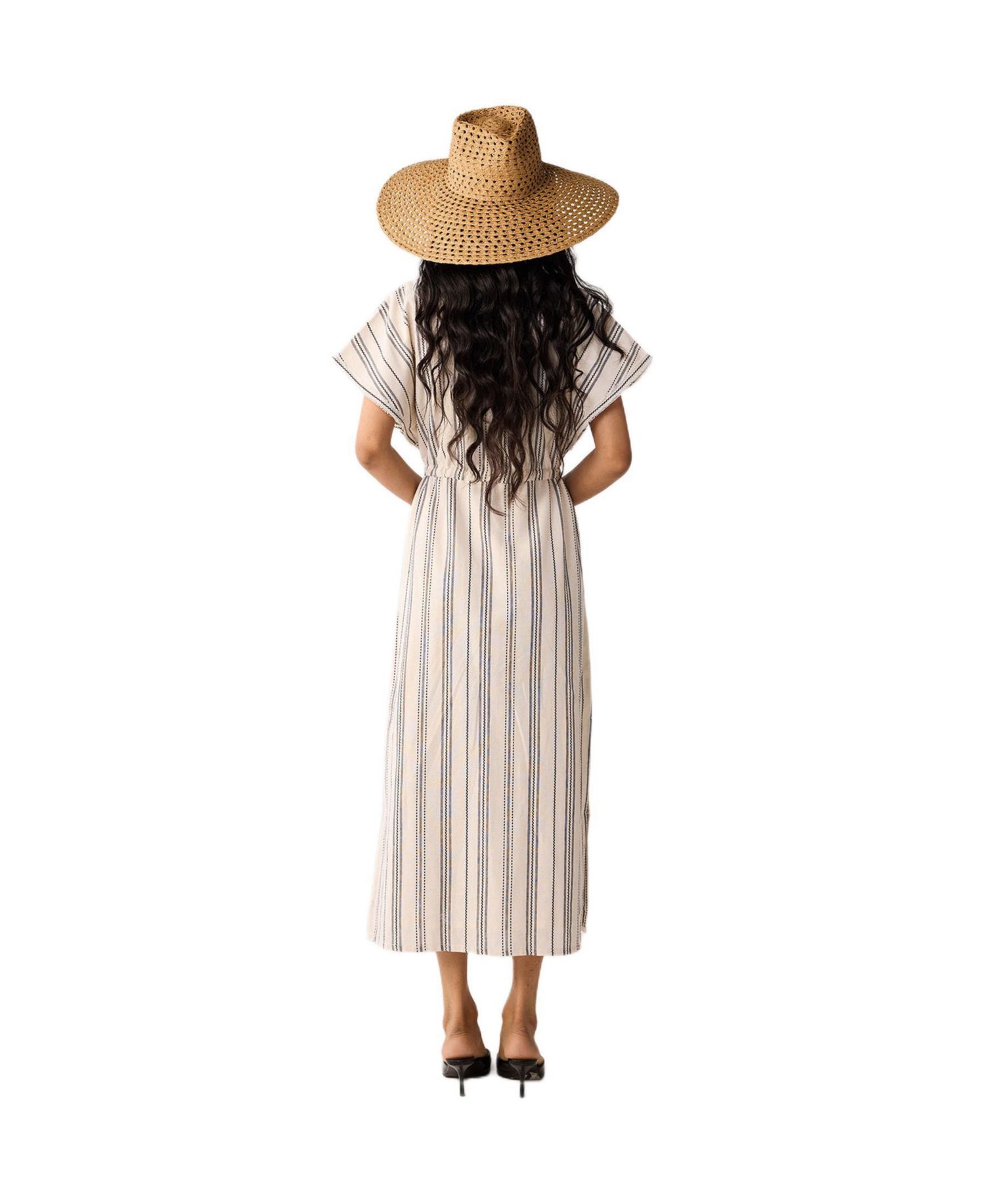 Women's Maxi Gathered Dress with Side Slits in Stripes