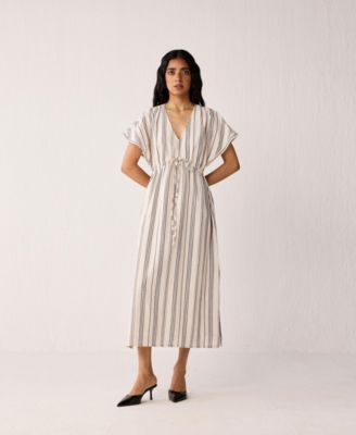 Women's Maxi Gathered Dress with Side Slits in Stripes