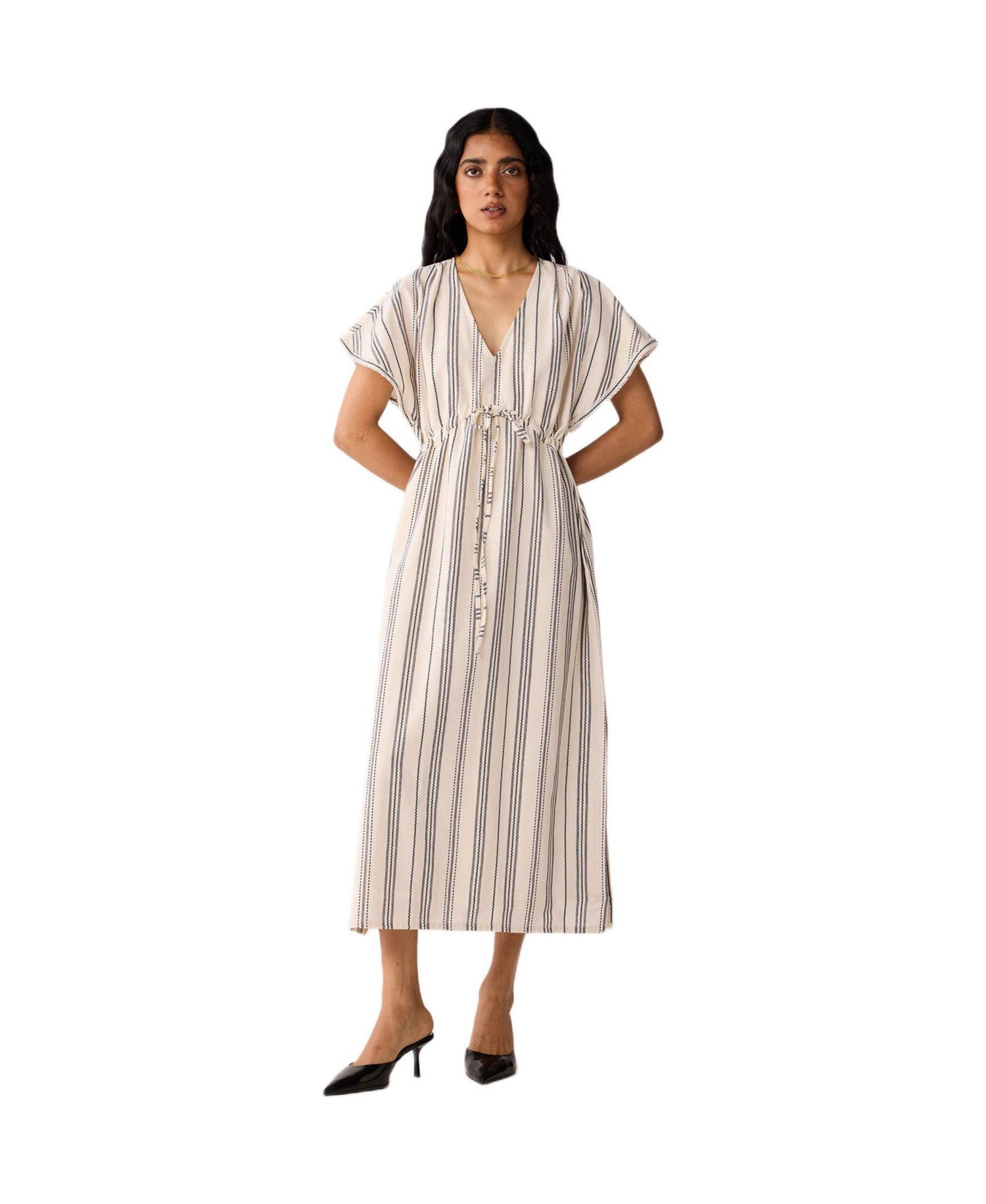 Women's Maxi Gathered Dress with Side Slits in Stripes