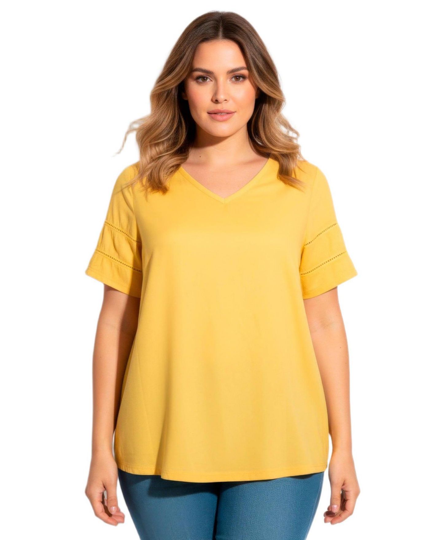 Женский топ Avenue Openwork Trim Short Sleeve, цвет: Закатный жёлтый — фото 1