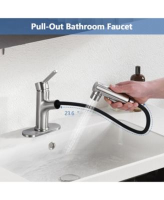 Brushed Nickel Pull Out Bathroom Sink Faucet with Pop-up Drain and Deck Plate