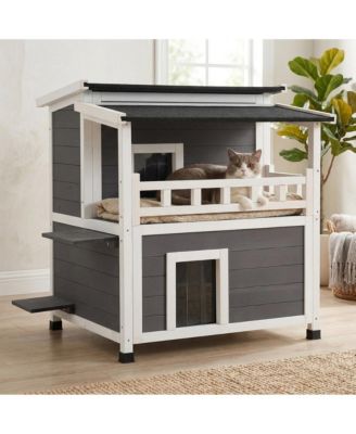 2 Story Wooden Cat House With Balcony Insulated Waterproof Outdoor Shelter For 1 3 Cats In Winter