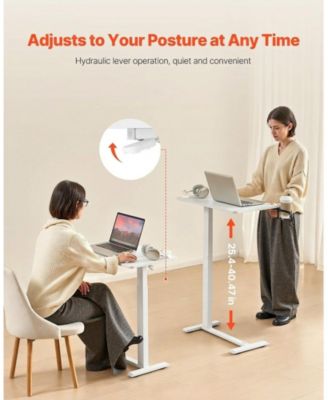 Adjustable Overbed Table with Hidden Wheels, 25.4-40.47 in Height Hydraulic Bedside Desk with Cup Holder