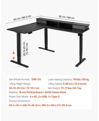L Shaped Electric Standing Desk 63 x 55 in, Adjustable Height Corner Desk with LED Light Strip and Power Strip