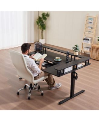 L Shaped Electric Standing Desk 63 x 43 in, Adjustable Height Corner Desk with Keyboard Tray and Power Strip